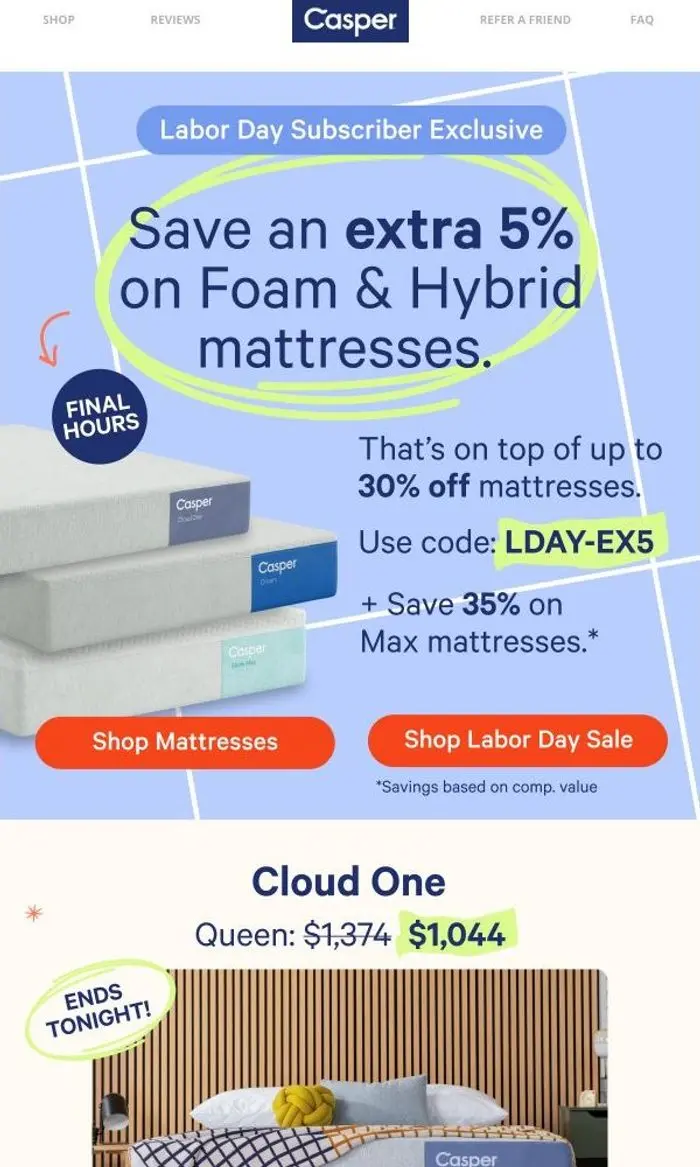 Casper: FINAL HOURS: Extra 5% on mattresses.*