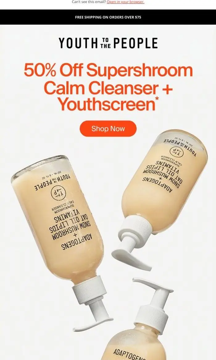 Youth To The People: Flash sale: 50% off Supershroom Calm Cleanser + Youthscreen