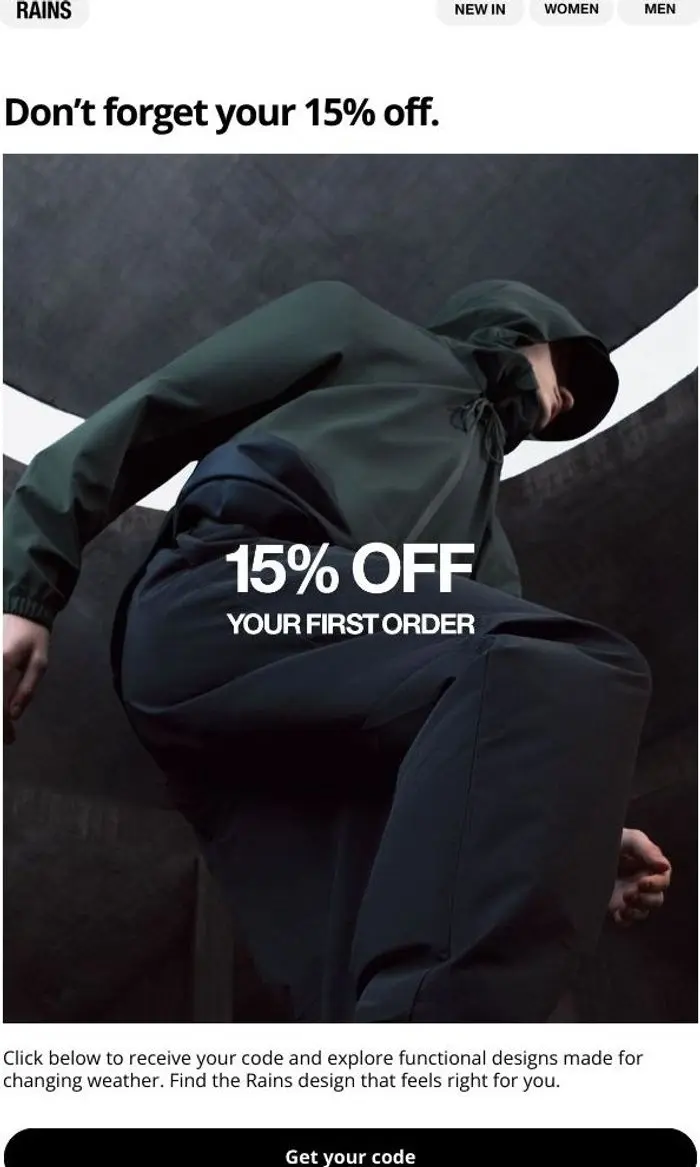 Rains: A final reminder: get 15% off.
