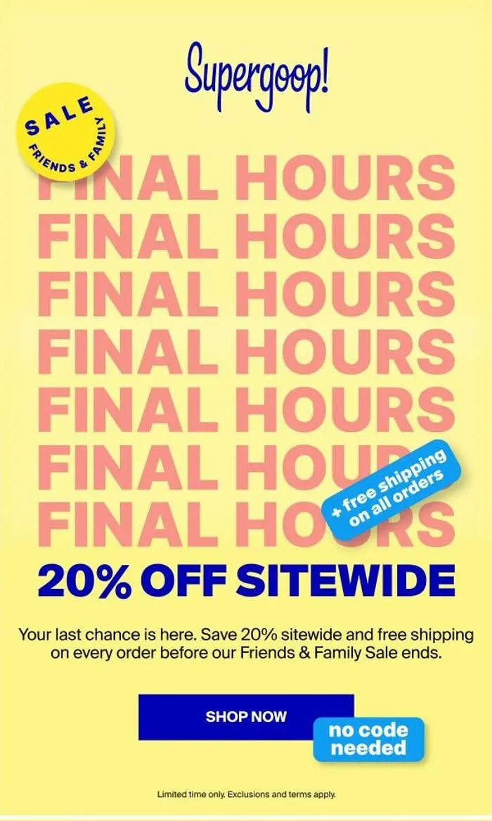Supergoop!: FINAL HOURS: 20% sitewide expires tonight ⏰