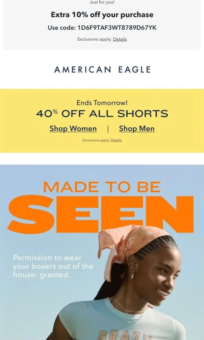 American Eagle: 40% off shorts ends tomorrow