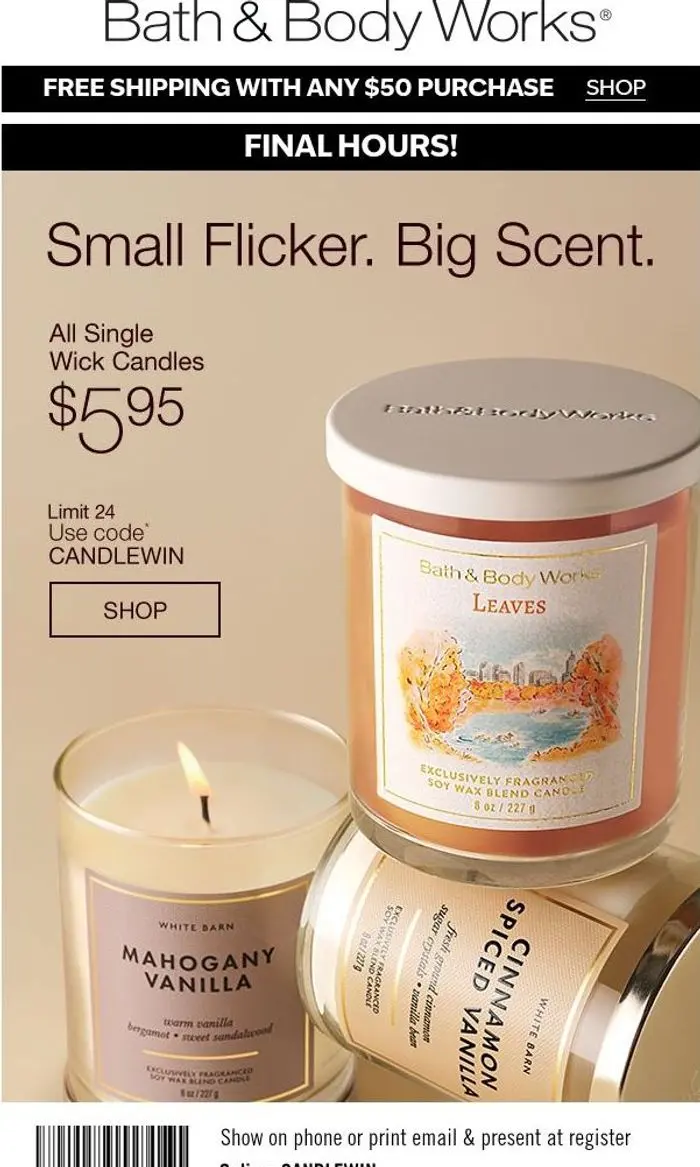 Bath & Body Works: final hours ⏳ to shop $5.95 single wicks.