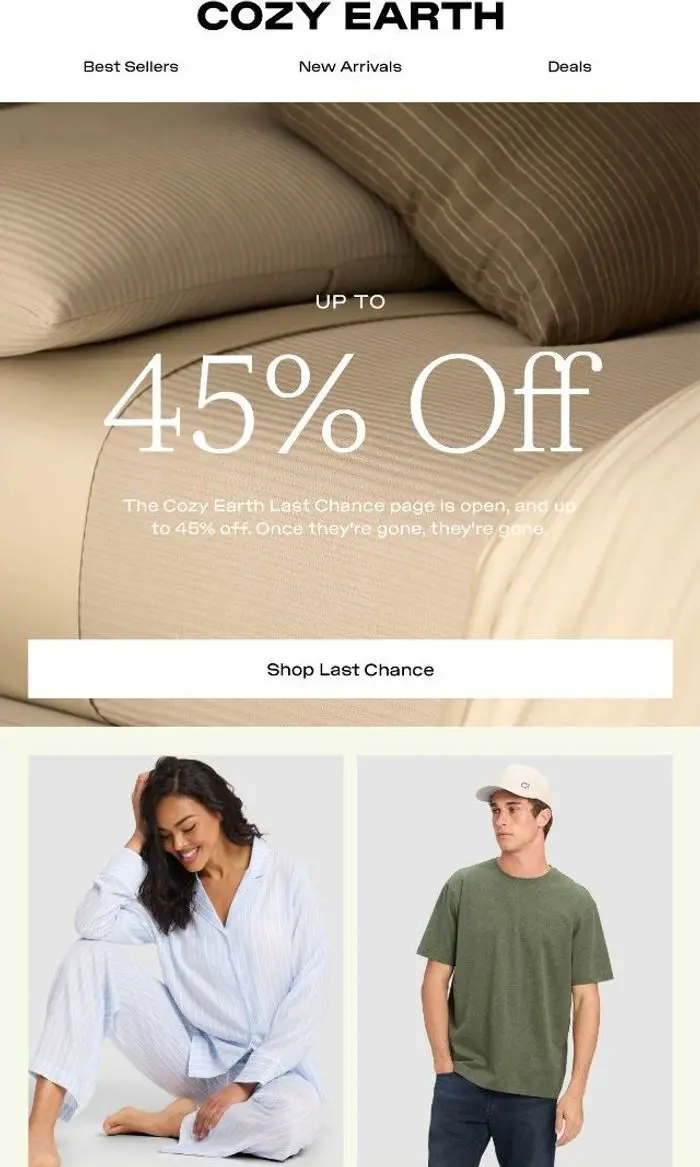 Cozy Earth: 45% Off | Last Chance Items Going Fast