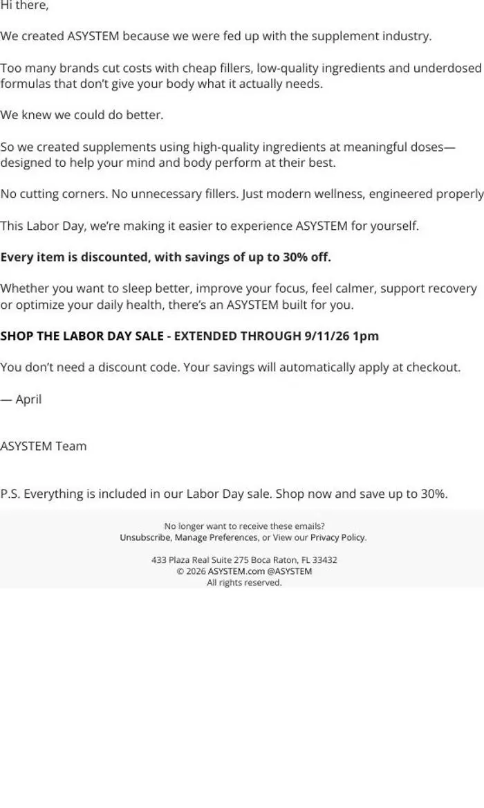 ASYSTEM: Labor Day Sale Extended Through Tomorrow—Up to 30% Off 🎁