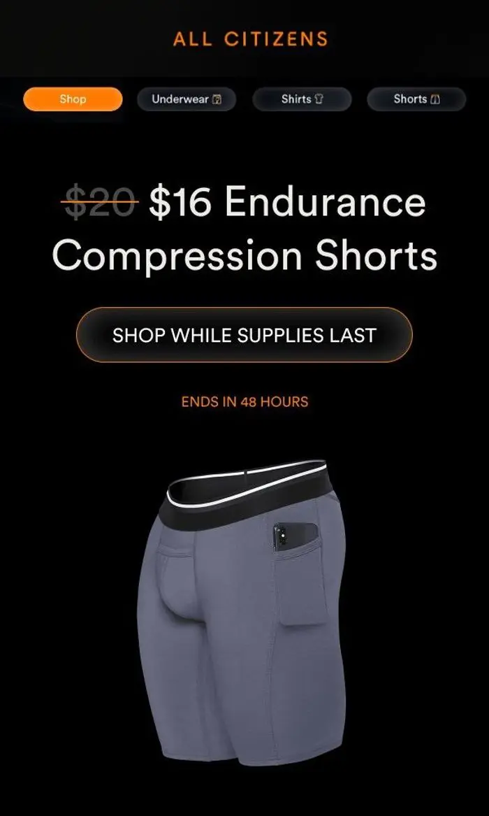 All Citizens: Flash Sale 🔥$16 Endurance Compression Shorts