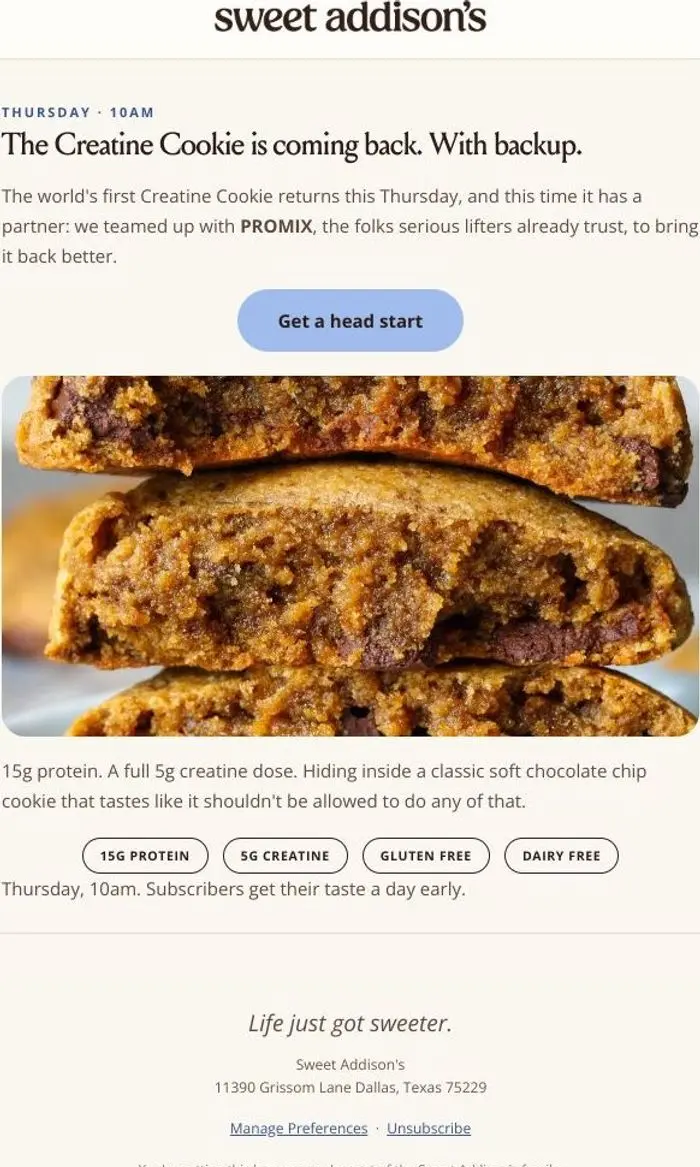 Sweet Addison's: Protein news: the Creatine Cookie returns Thursday