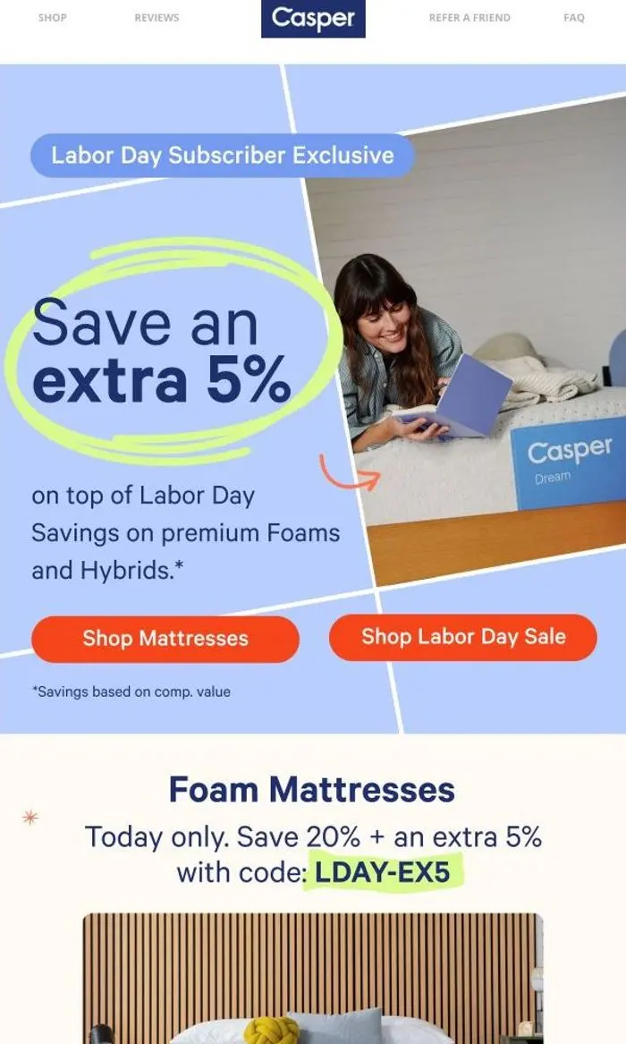 Casper: Today only: Extra 5% on mattresses.*