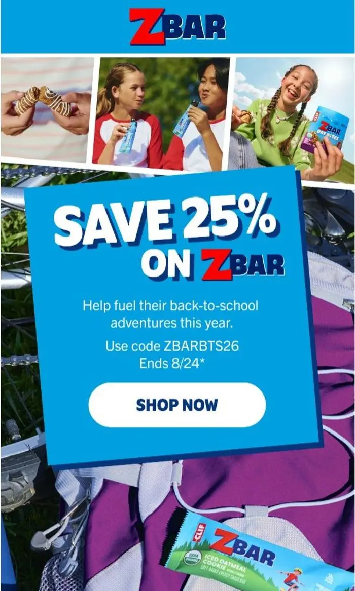 Clif Bar: Save 25% on Zbar for Back to School Season!
