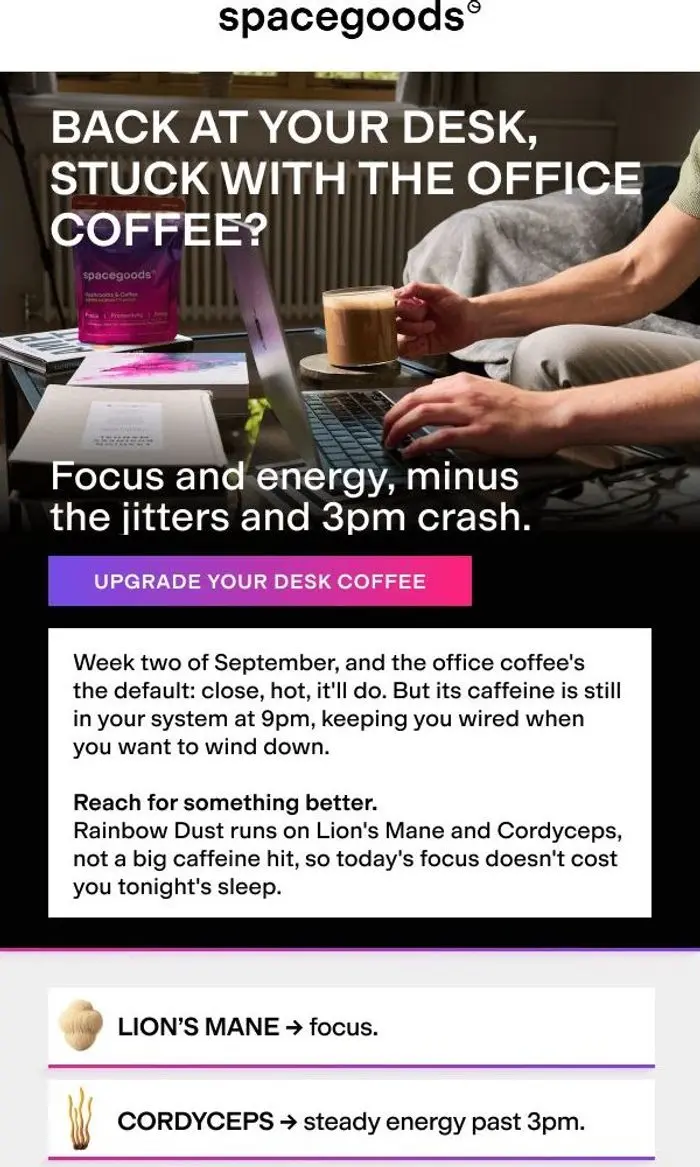Spacegoods: Back at the desk, but no need coffee jitters  🤫