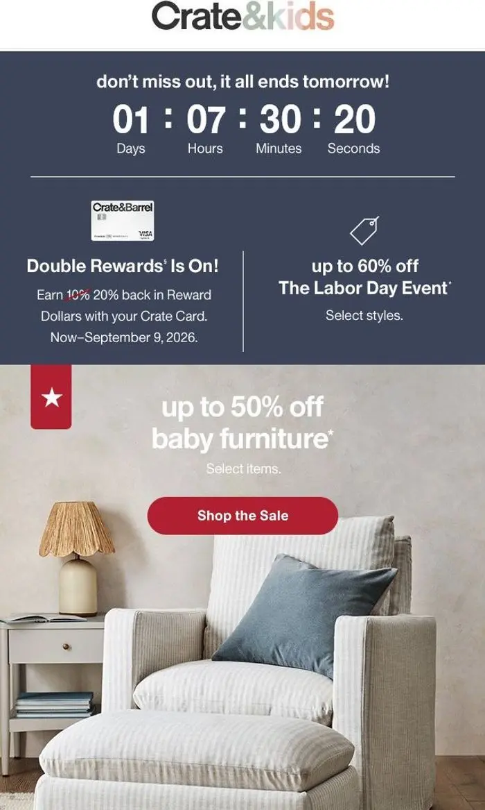 Crate & Kids SALE: ENDS TOMORROW ⏰ Up to 60% off the Labor Day Event →