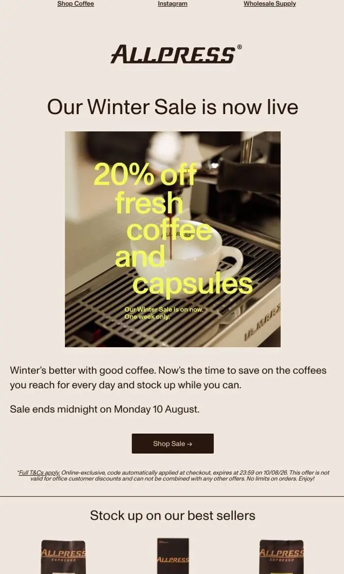 Allpress Espresso New Zealand: 20% off for our Winter Sale starts now!