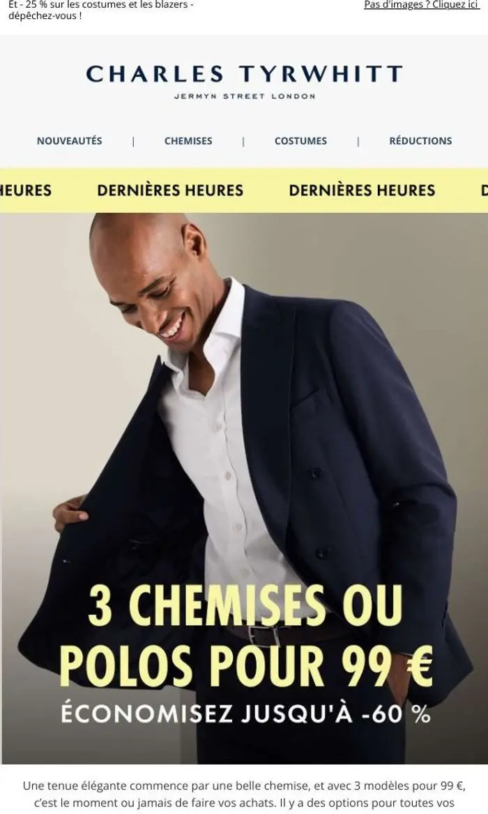 Charles Tyrwhitt: 3 chemises pour 99 € plus que jusqu'à minuit