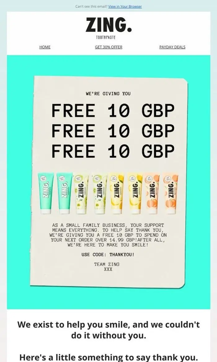 Zing Toothpaste: 🍾 We're giving you a FREE £10!