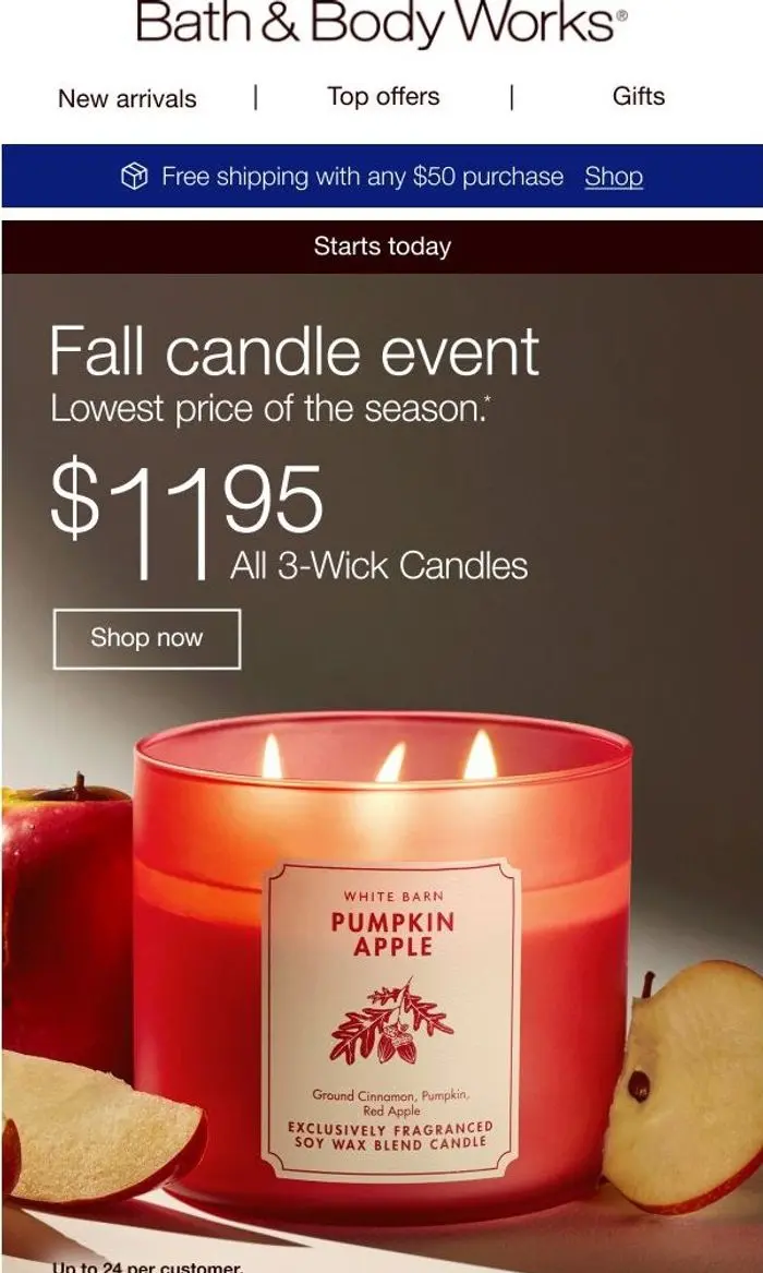 Bath & Body Works: LOWEST price of the season. ⭐️ $11.95 all 3-wicks. ⭐️ starts today.