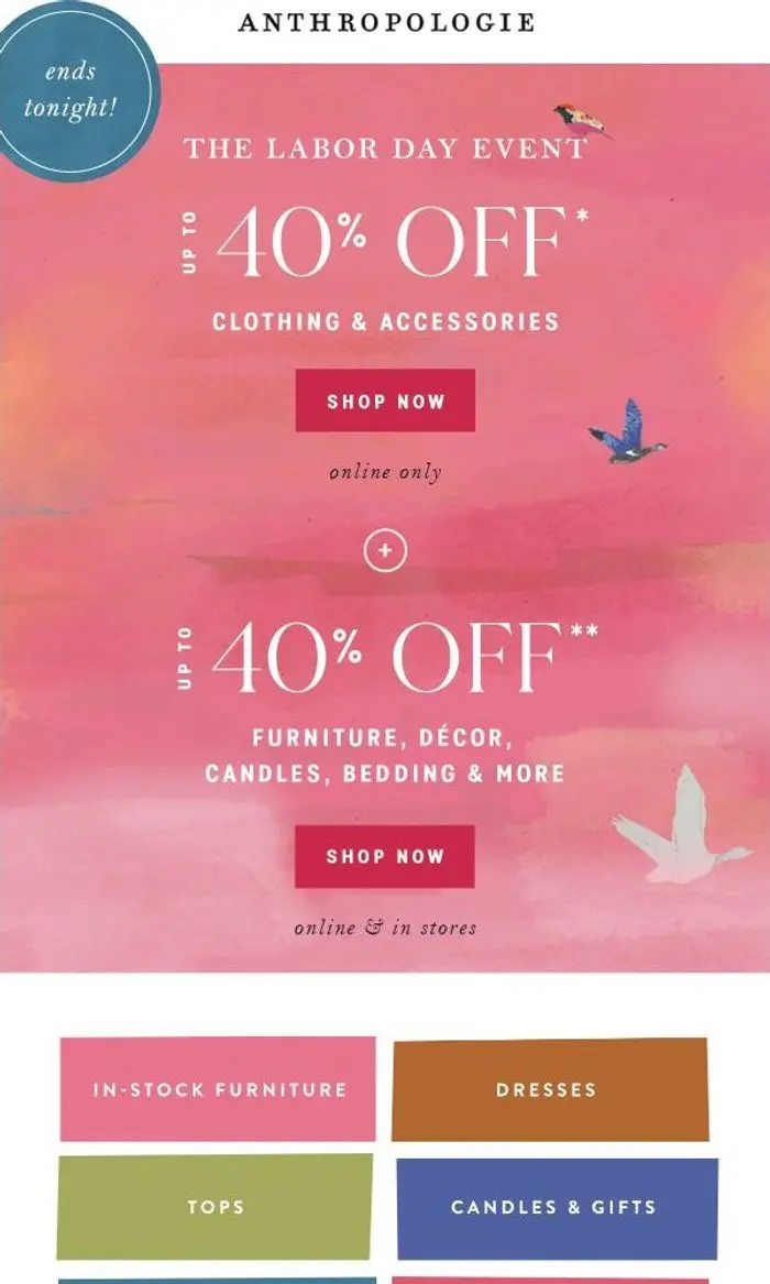 Anthropologie: UP to 40% OFF clothing, home + more ends tonight!