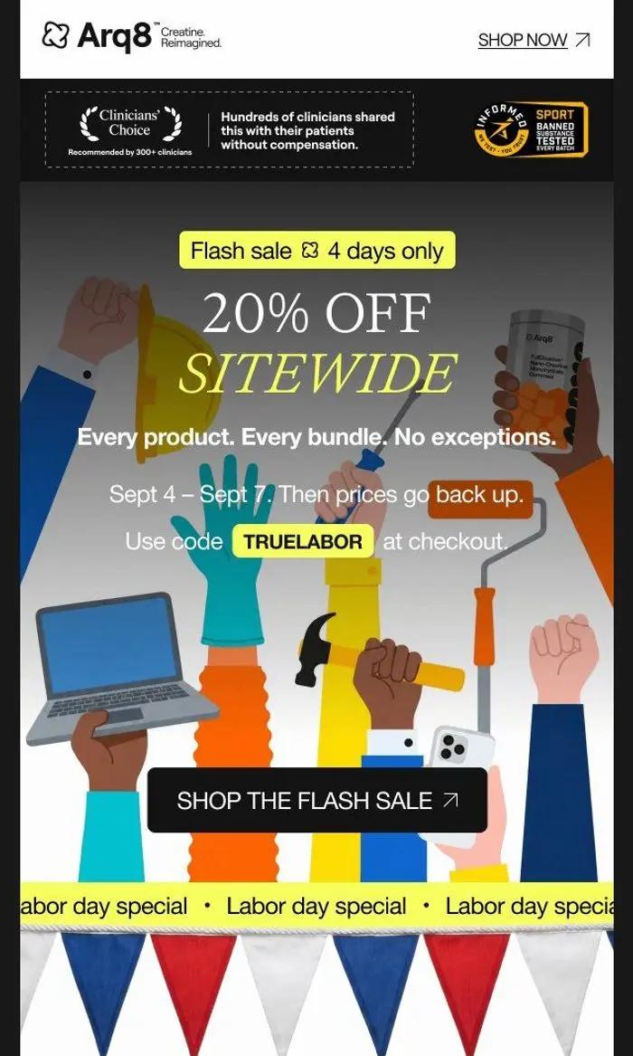 Arq8™ Creatine: Flash sale: 20% off sitewide — 🇺🇸 Labor Day only.