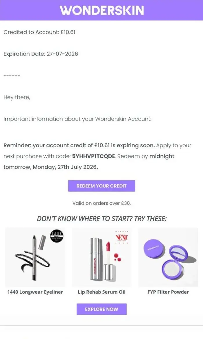 Wonderskin: Reminder: your £10.61 credit has been processed
