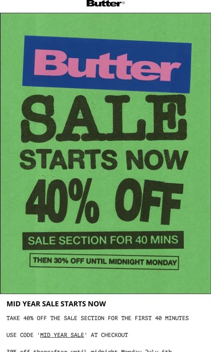 Butter Goods: 40% Off For 40 Minutes Starts NOW