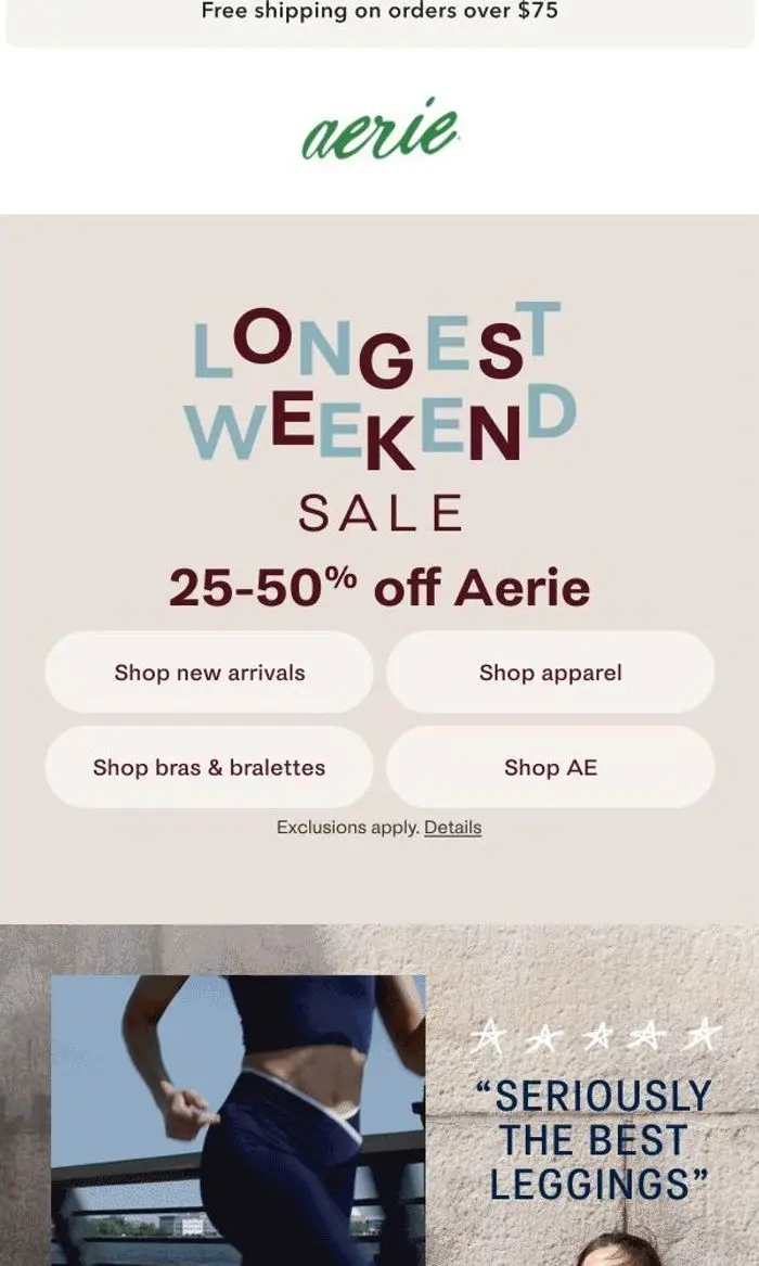 Aerie: The Long Weekend Sale: 25-50% off Aerie ✨💛