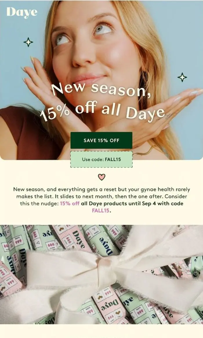 Daye: Back to routine: 15% off all Daye 💖