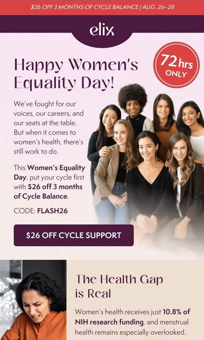 Elix: $26 off for Women's Equality Day 💜