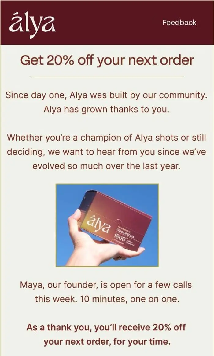 Alya: Get 20% off your next order