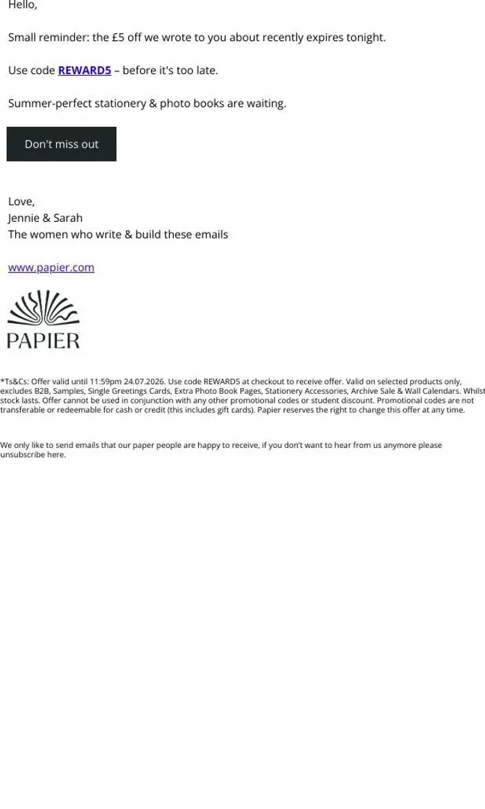 Papier: £5 disappears at midnight