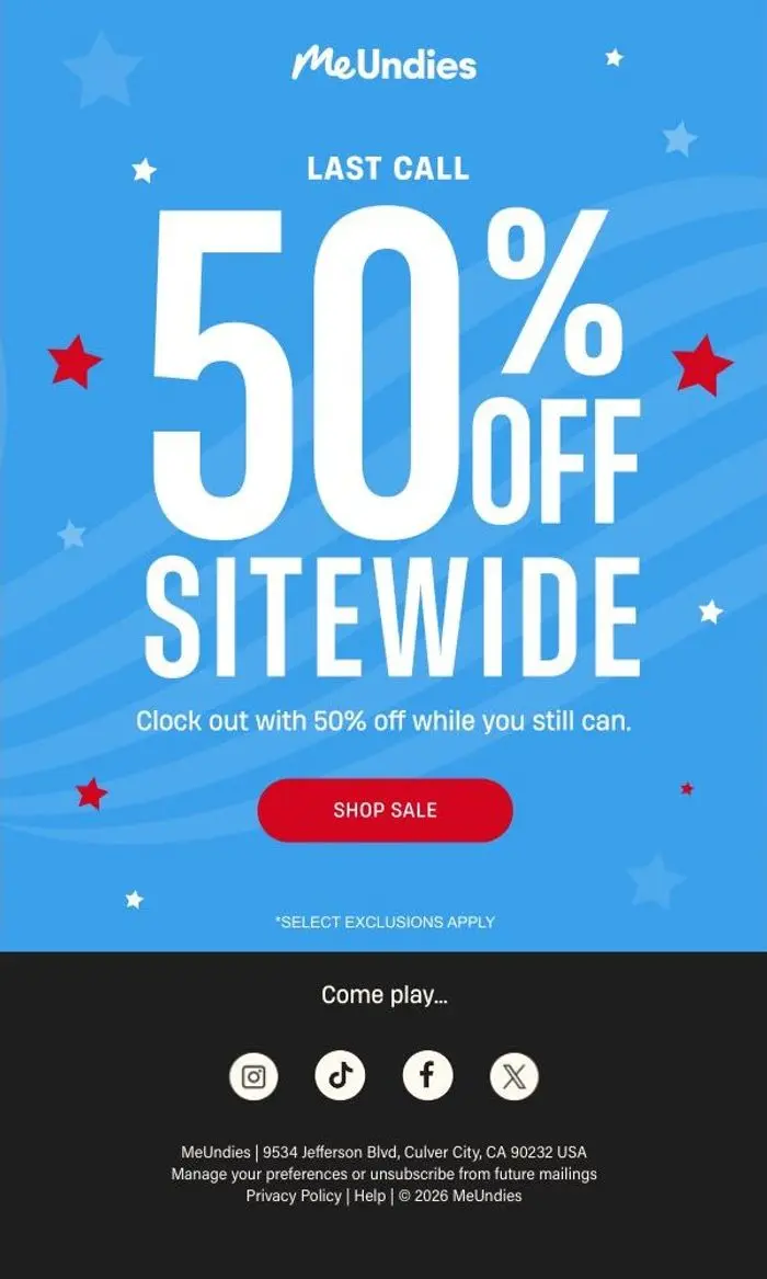 MeUndies: LAST CALL: 50% off ends tonight
