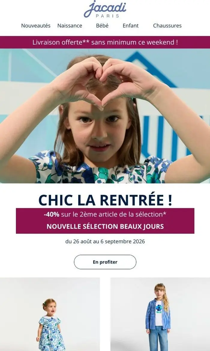 Jacadi Paris: ⏰Derniers jours : -40% sur le 2ème et livraison offerte