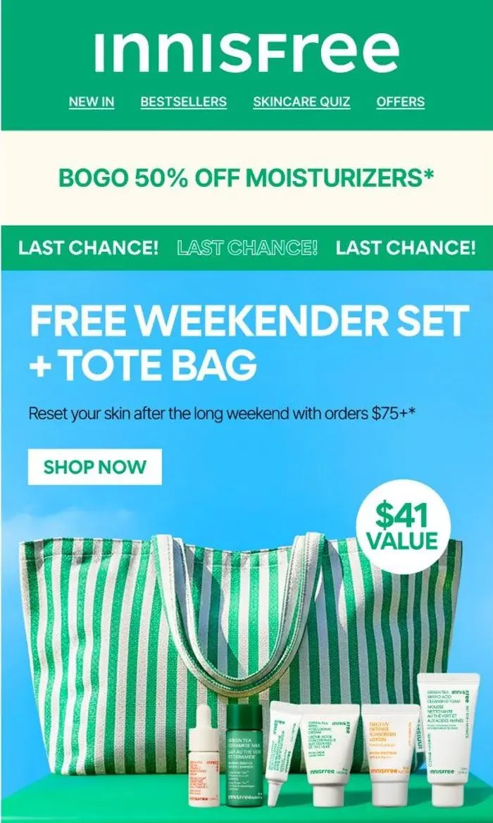 innisfree: LAST CHANCE! FREE 6-Piece Set + Tote Bag