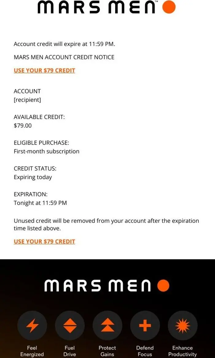 Mars Men: Final notice: $79 credit expires tonight