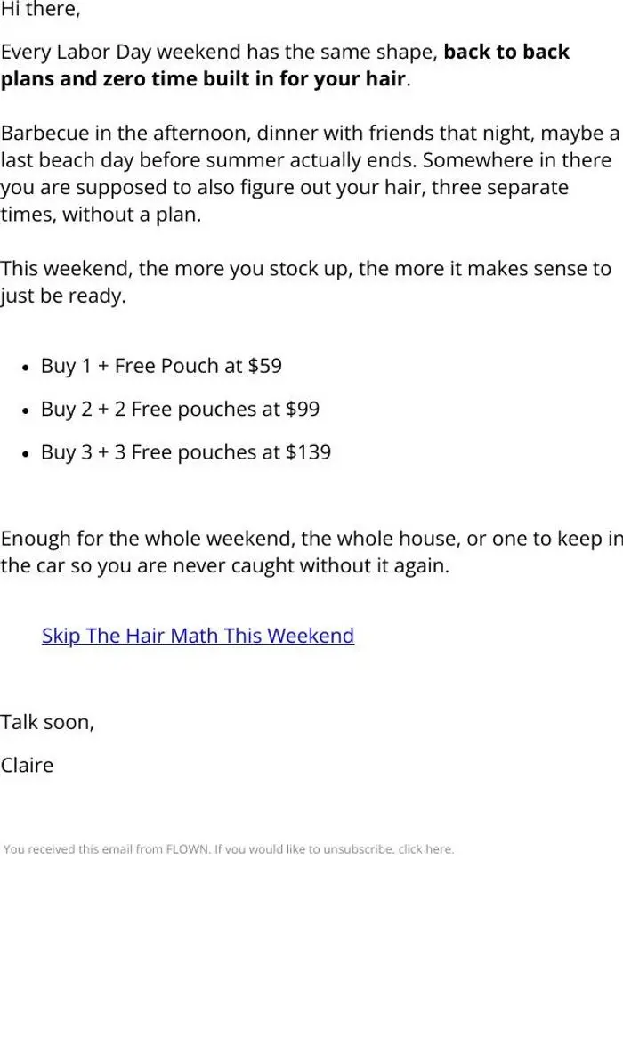 FLOWN: the long weekend nobody plans hair around
