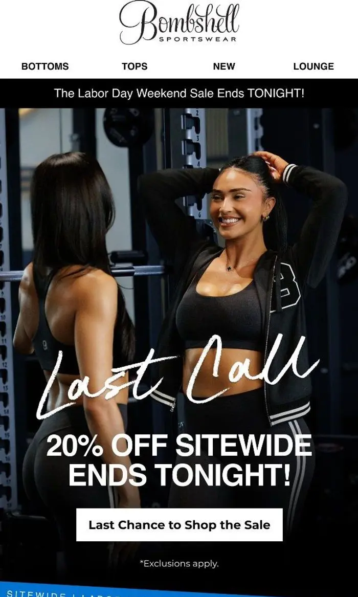 Bombshell Sportswear: LAST CHANCE: 20% OFF Ends Tonight 🚨