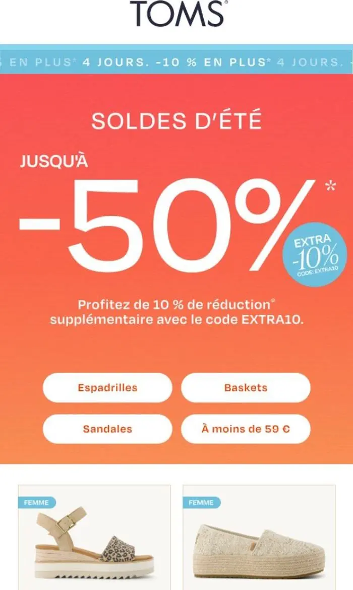 TOMS Europe: Profitez de 10 % supplémentaires 💌