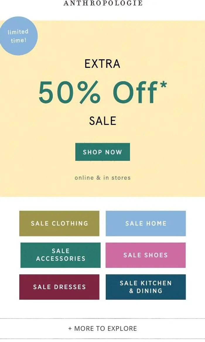 Anthropologie: Sale is an extra 50% OFF