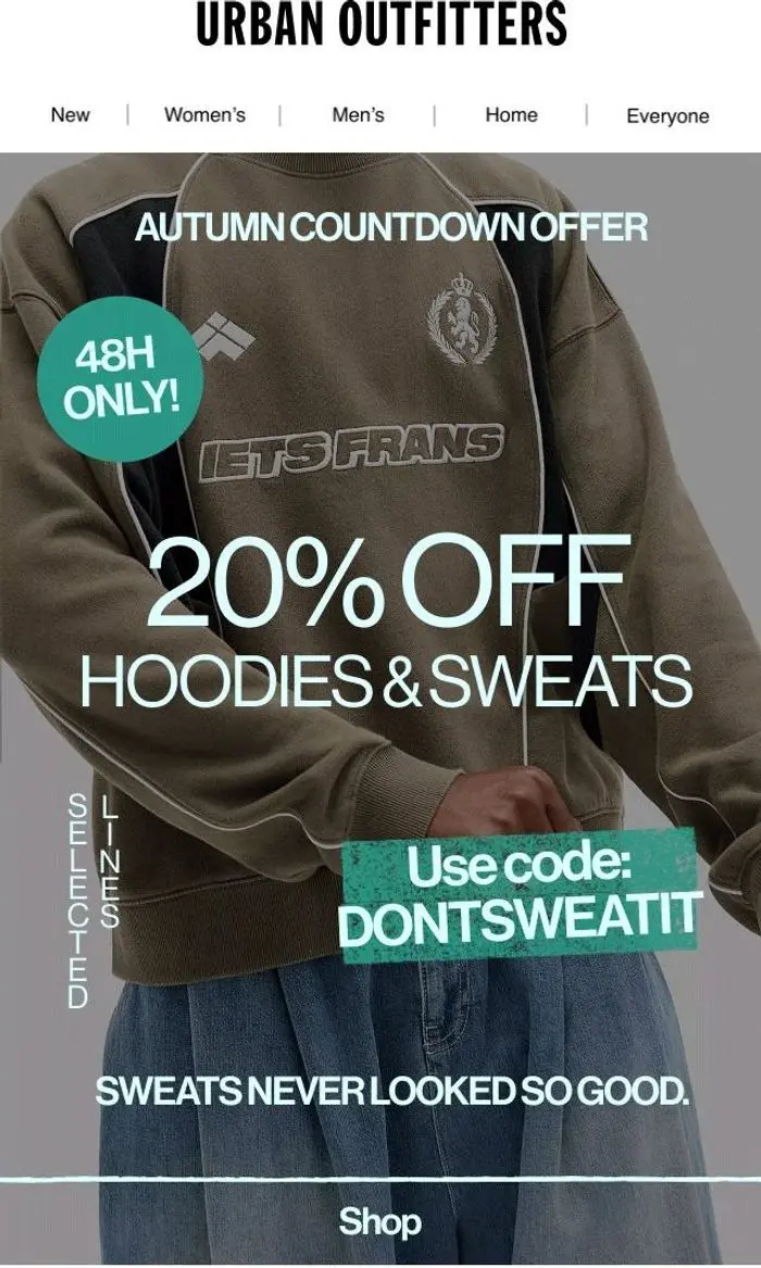 Urban Outfitters Europe: AUTUMN COUNTDOWN: 20% OFF HOODIES & SWEATS. 48 hours only 🔊