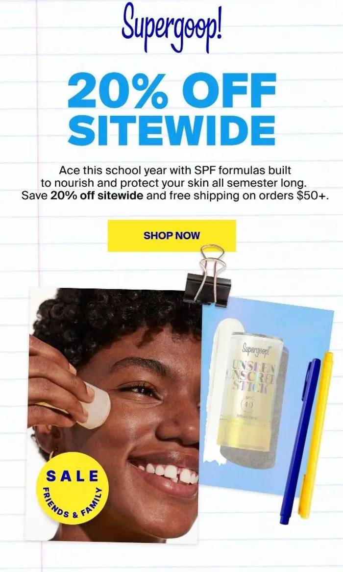 Supergoop!: 20% off SPF formulas to help ace this school year