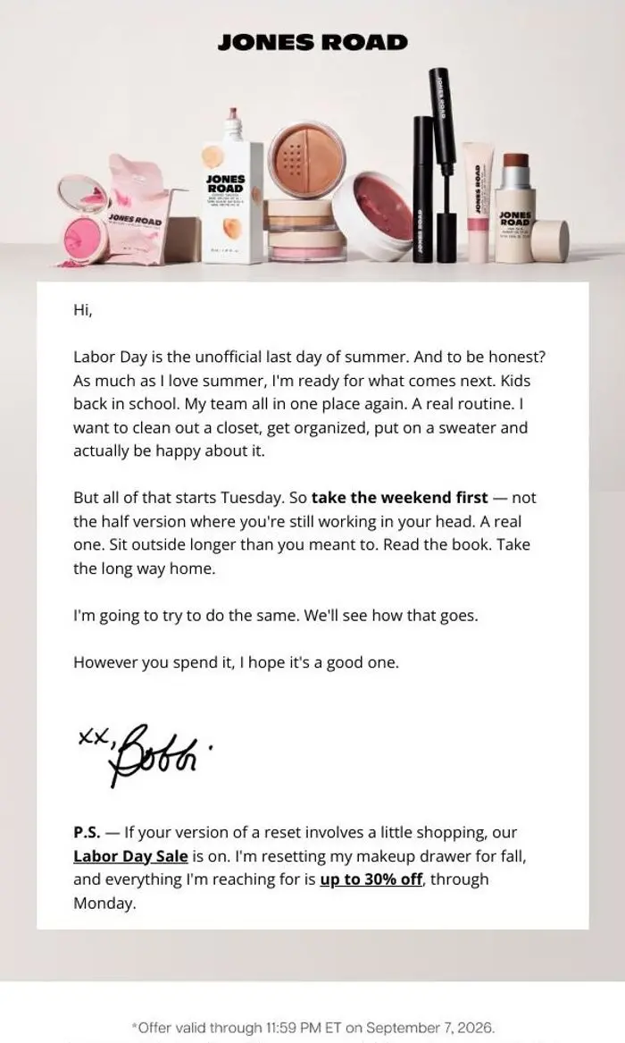 Jones Road Beauty: A Note From Bobbi for Labor Day