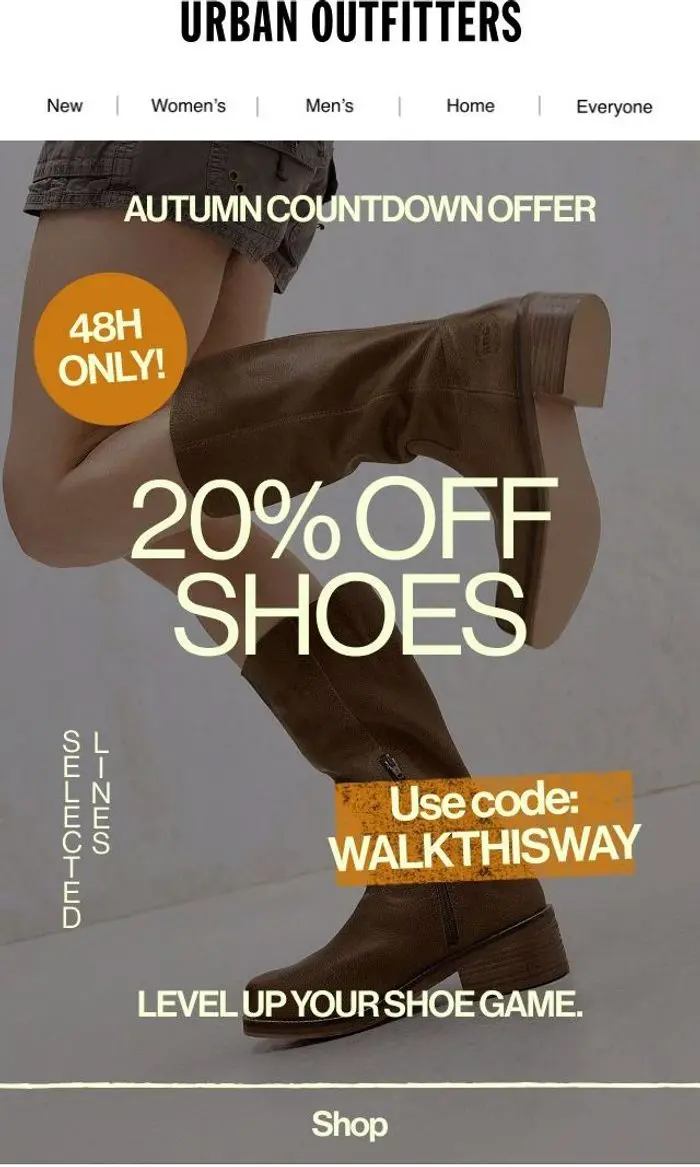 Urban Outfitters Europe: AUTUMN COUNTDOWN: 20% OFF SHOES. 48 hours only 🔊