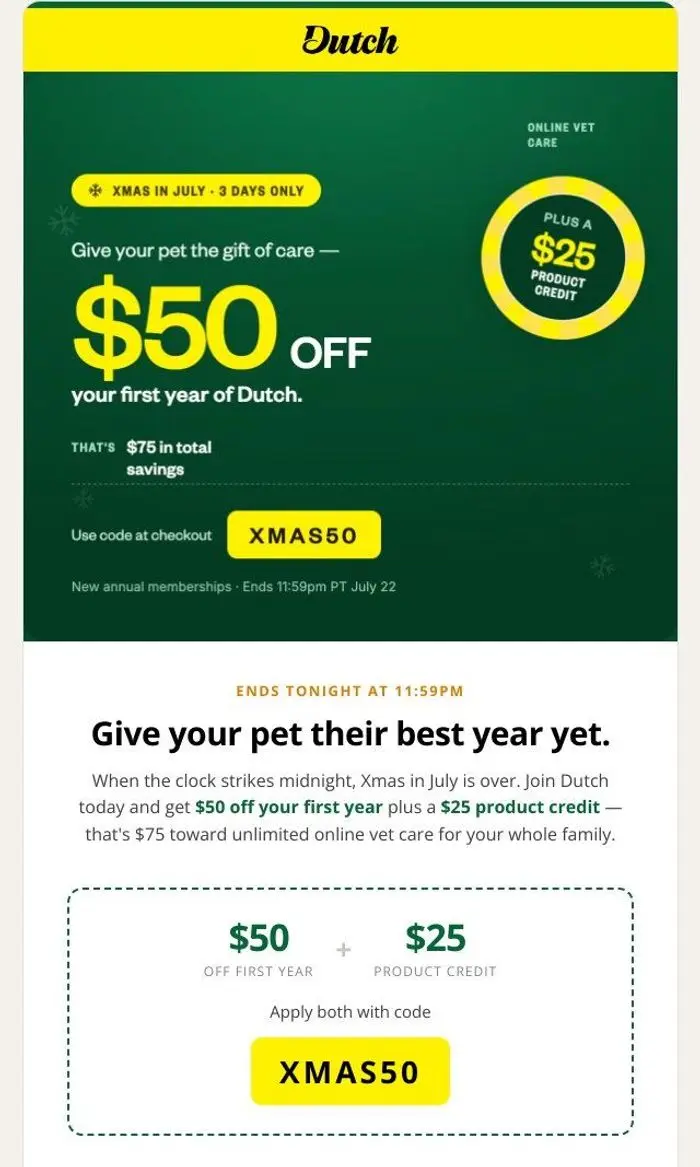 Dutch: Your $75 offer expires tonight