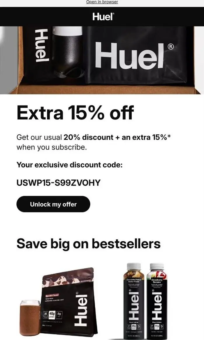 Huel: Just dropped: extra 15% off 💥