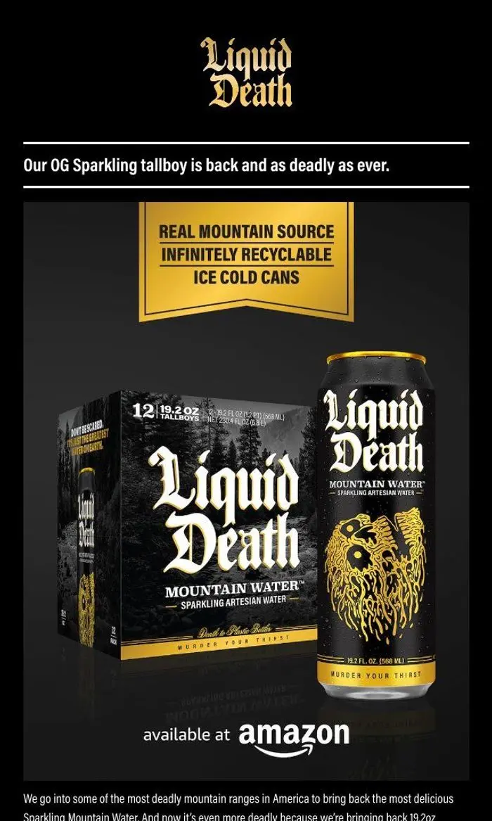 Liquid Death: Tallboys 12-Packs of Sparkling Mountain Water on Amazon