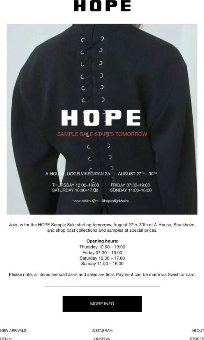 HOPE: HOPE Sample Sale Starts Tomorrow.