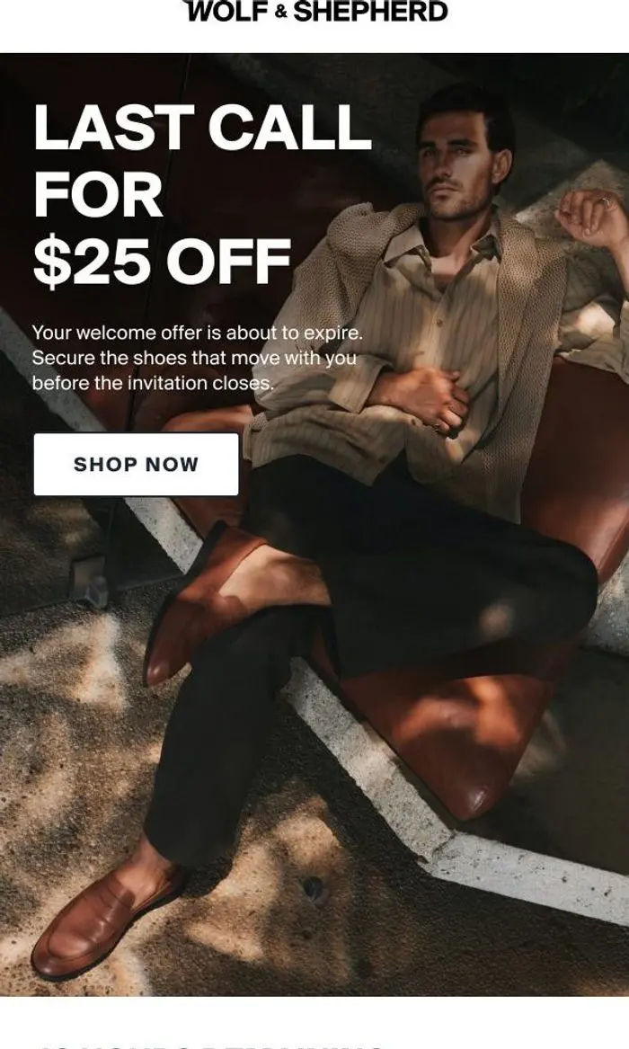 Wolf & Shepherd: Your welcome discount is officially expiring.
