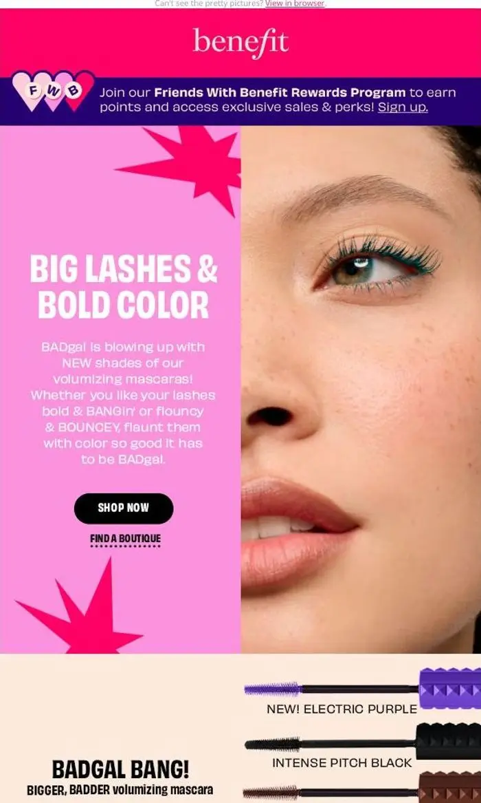 Benefit Cosmetics France: Want big lashes and bold color? 💜💙🤎