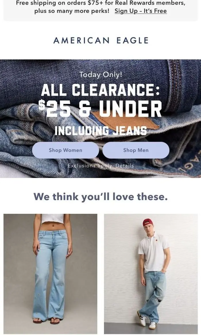 American Eagle: TODAY ONLY: Clearance is $25 & under