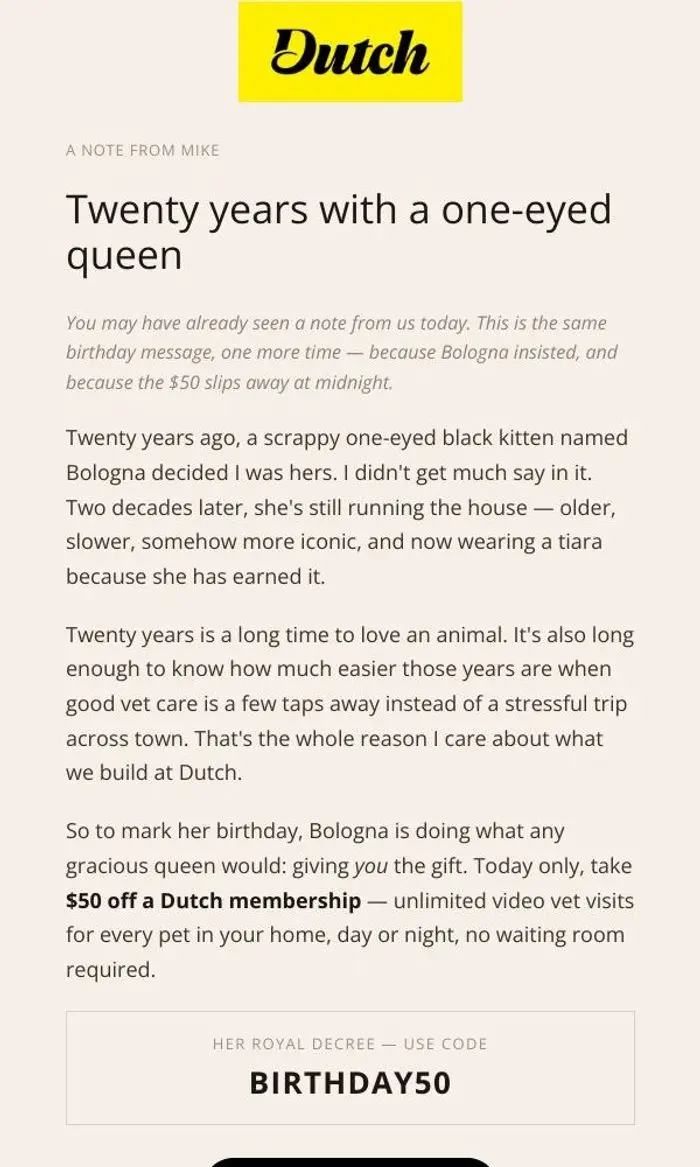 Dutch: Last call: her $50 ends at midnight