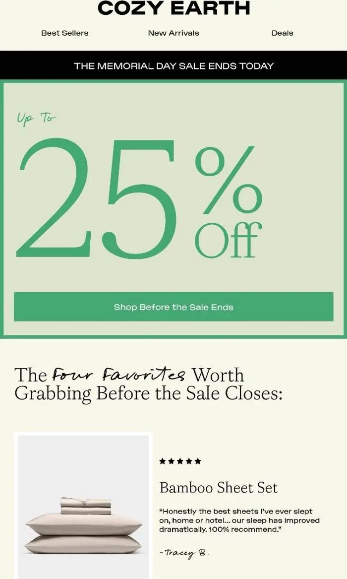 Cozy Earth: LAST CALL: 25% Off Ends Tonight ⏳