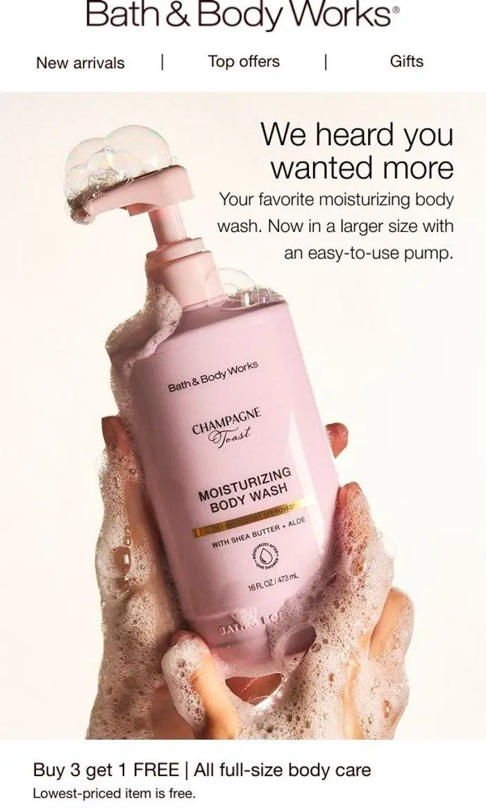Bath & Body Works: cheers to moisturizing body wash + a deal that brings joy. 🥂