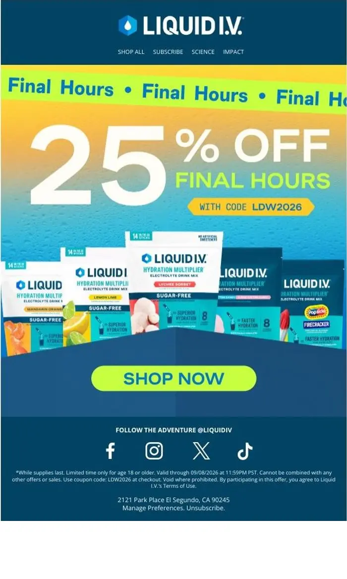 Liquid I.V.: Final Call for 25% OFF